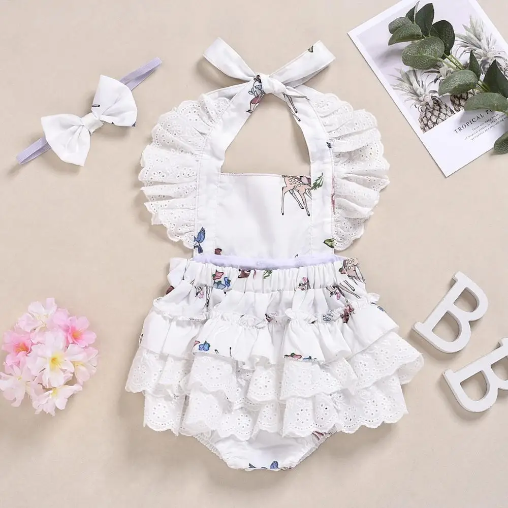 

Newborn Baby girls Clothes baby flutter sleeveless rompers toddler baby girls deer print romper + hair band 2 pcs suit, Picture shows