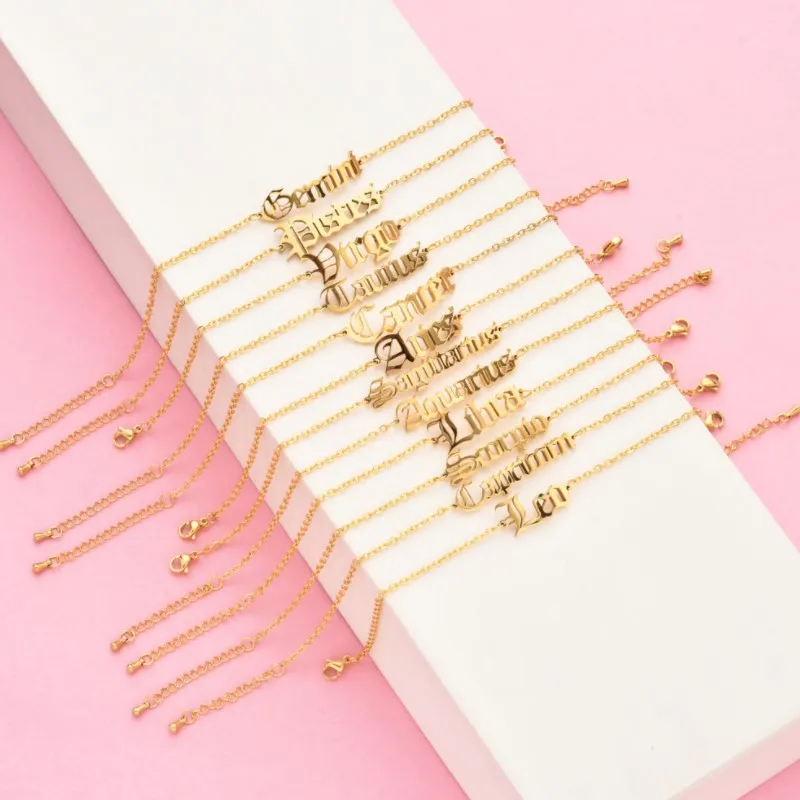 

In stock stainless steel gold plated 12 zodiac name anklet, Gold/steel color