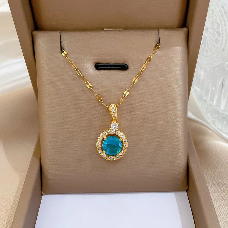 

Brilliant Sparkling Round Cut Cubic Zirconia Necklace Gold Plated Blue Crystal Diamond Necklace for Women Party