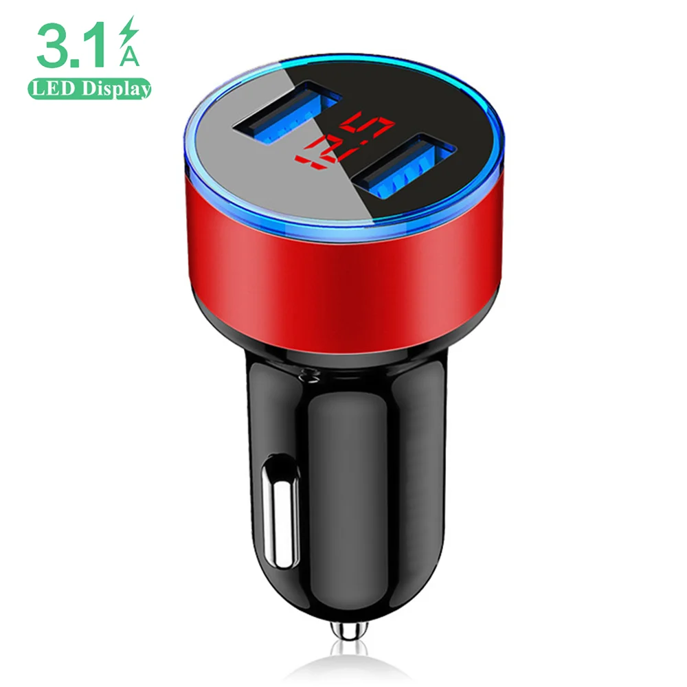 

Free Shipping 1 Sample OK 15.5W 3.1A Fast Dual USB Car Charger Aluminum Alloy LED Display Car Charger Adapter