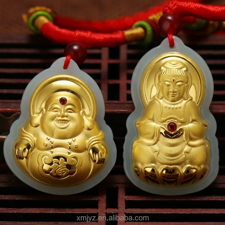 

Certified 3D Gold Inlaid Jade Necklace 4D Hetian Jade Gem Laughing Guanyin Buddha Men And Women Pendant Jewelry