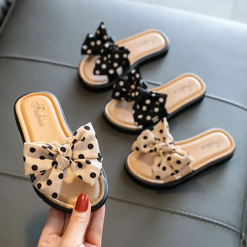 

2022 New Arrival Girls Casual Sandals Cute Bow-knot Dot PVC Flat Slides Kids Beach Slip-on Children Sandals Slippers, Black, white