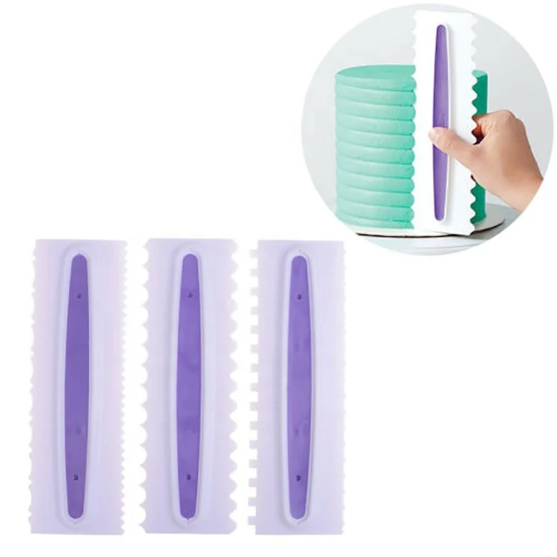 

New Set of 3 Cream plastic scraper comb Gummy sugar spatula cake shape decoration tool baking mold, Purple