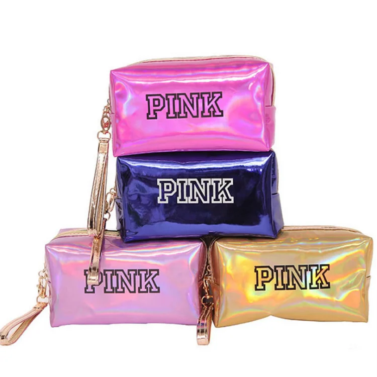 

Women fashion PU make up bag zipper pink holographic cosmetic bag, Colorful