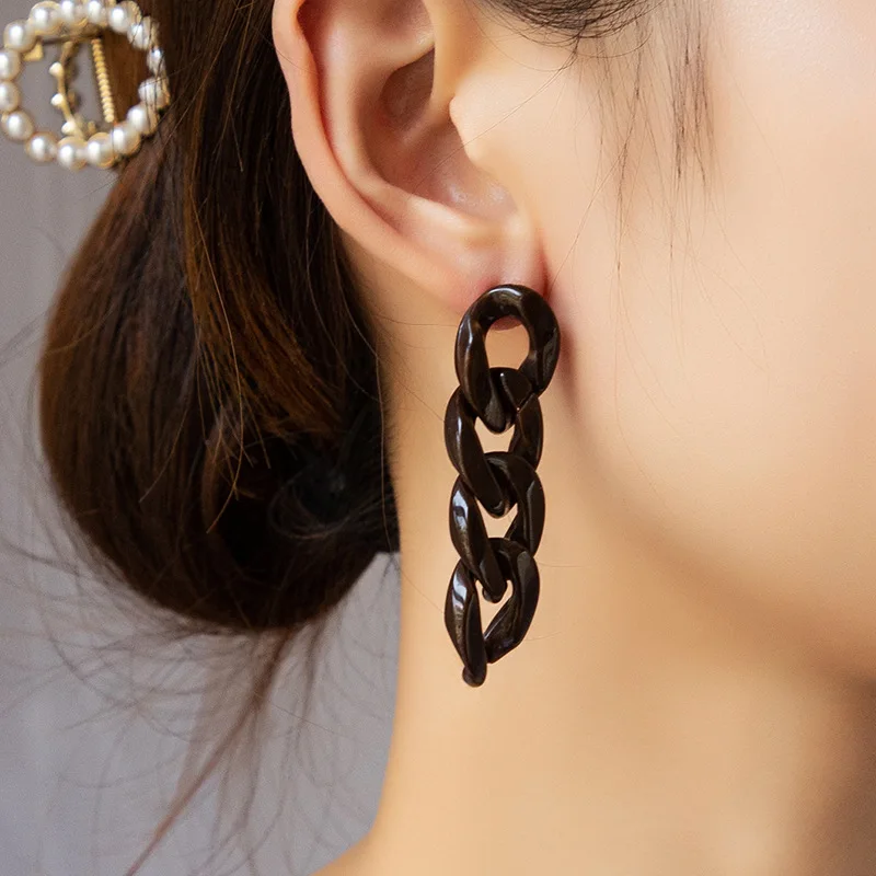 

Funky Cool Brown Resin Curb Link Chain Long Tassel Earrings Acrylic Cuban Chain Drop Earrings