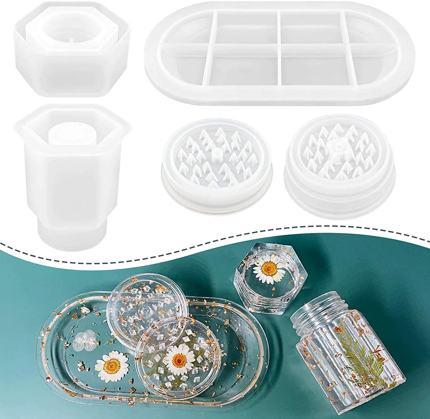 

3 Pcs Silicone Resin Molds Grinder Mold Premium Resin Rolling Tray Mold Storage DIY Resin Epoxy Casting Craft, White