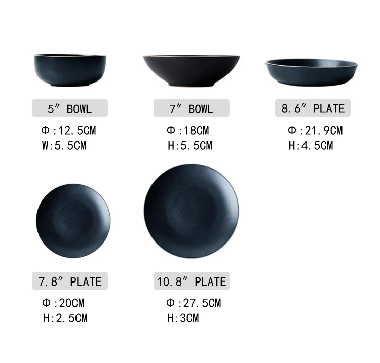 Nordic matte black ceramic tableware dinner plate wholesale rice bowl sets