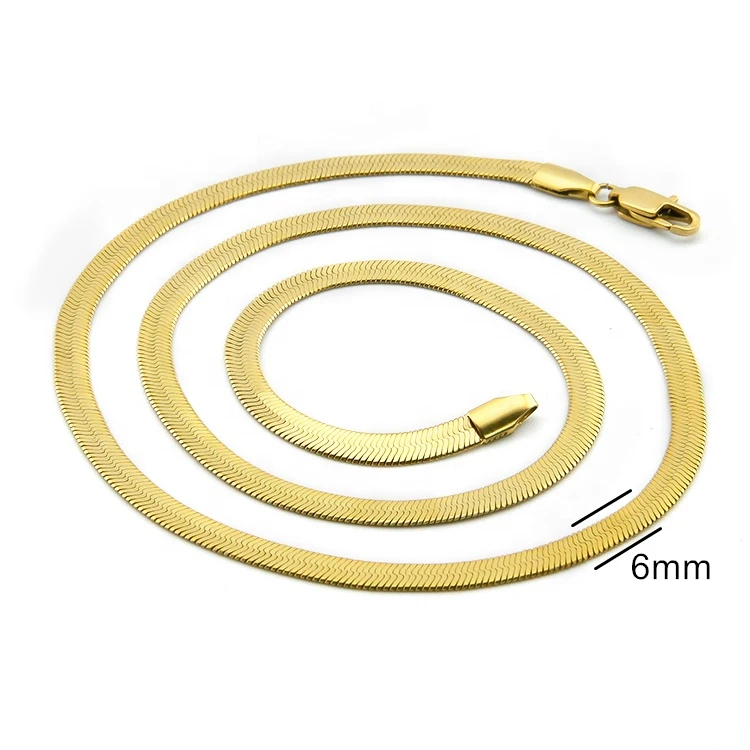 

High Polished Wholesale Custom 18k Gold Plated Stainless Steel Flexible Flat Snake Chain Necklace 6mm Herringbone Chain