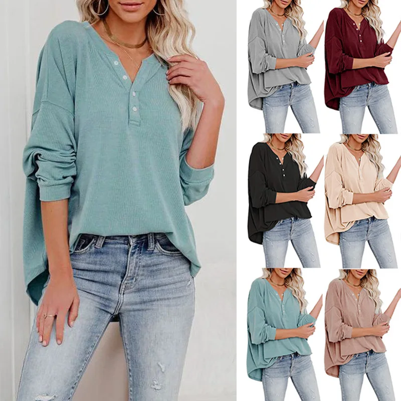 

Drop shipping Casual Women's Crew Neck Long Sleeve Button Down Blouse Dropped Shoulder Loose Top