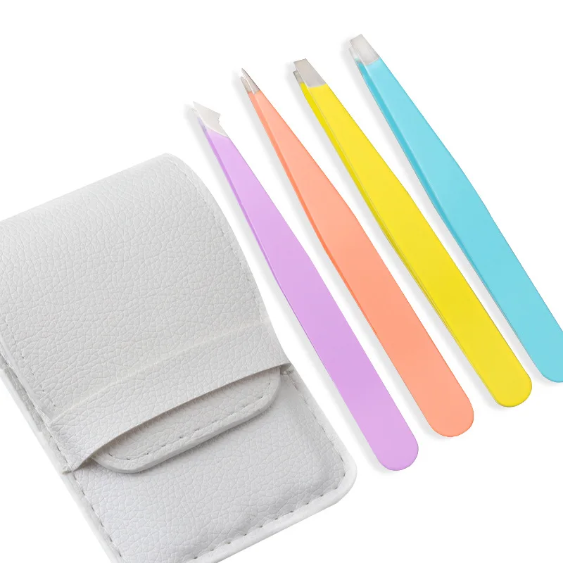 

Yunxi pink rose golden black Stainless Steel eyebrow clip applicators eyebrow tweezers 4pcs set with up leather bag packing, Black, white,blue,purple,yellow