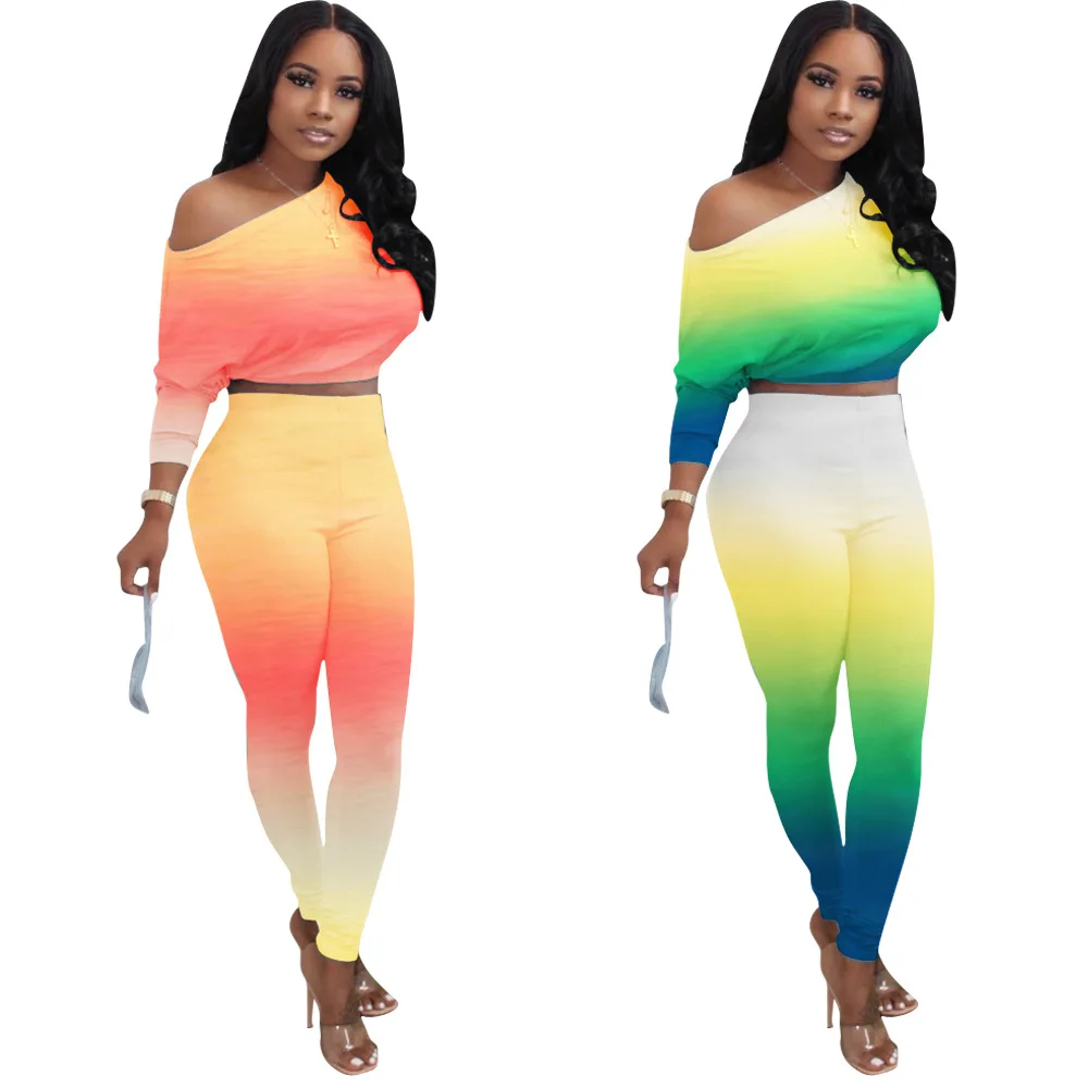 

2021 Two Piece Set Sexy New Designer One Shoulder Solid Color High Waist Gradient Women Two Piece Pants Set
