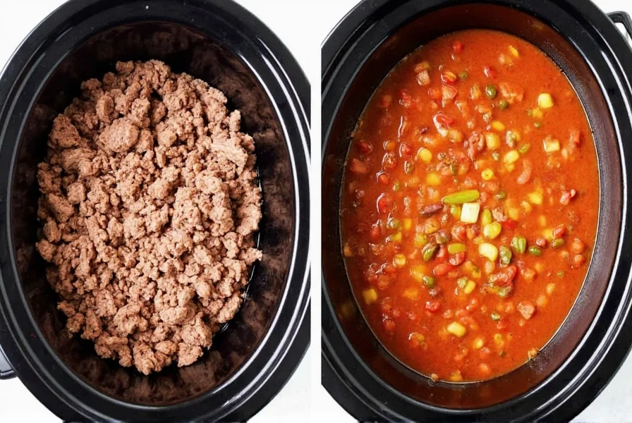 Step-by-step crock pot chili preparation showing browning ground beef and adding ingredients to slow cooker