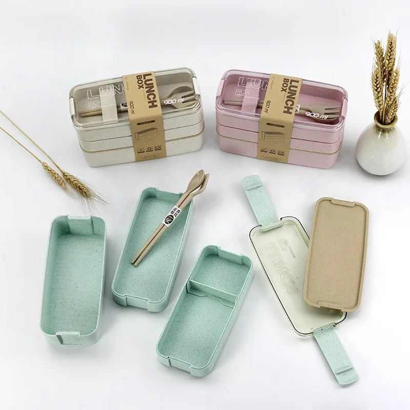 

Custom Plastic Eco Friendly Children Lunch Box Adult Tiffin Biodegradable 3 Layer Wheat Straw Bento Box For Kids With Fork, Customized