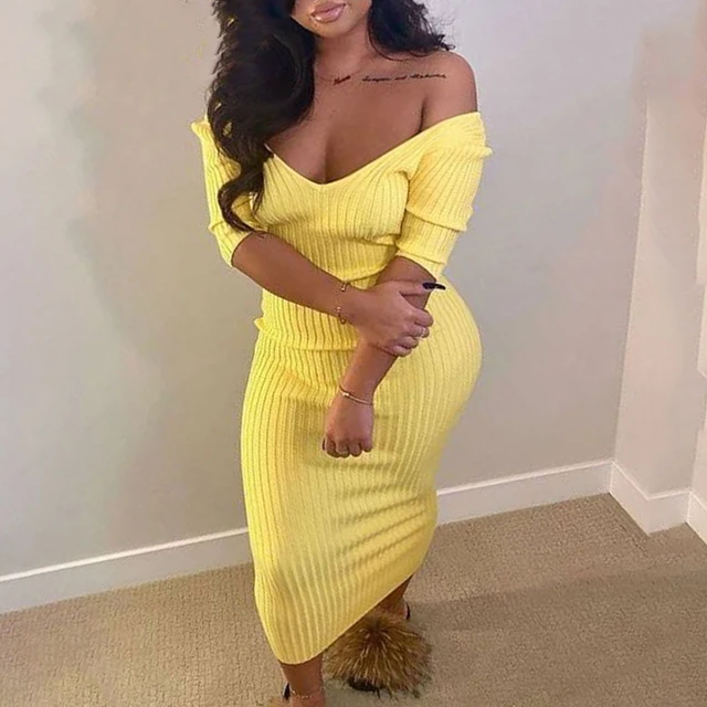 

Solid Color Three Quarter Sleeve V Neck Dresses Women Long Sleeves 2021 Summer Fashion Casual Yellow Maxi Dress