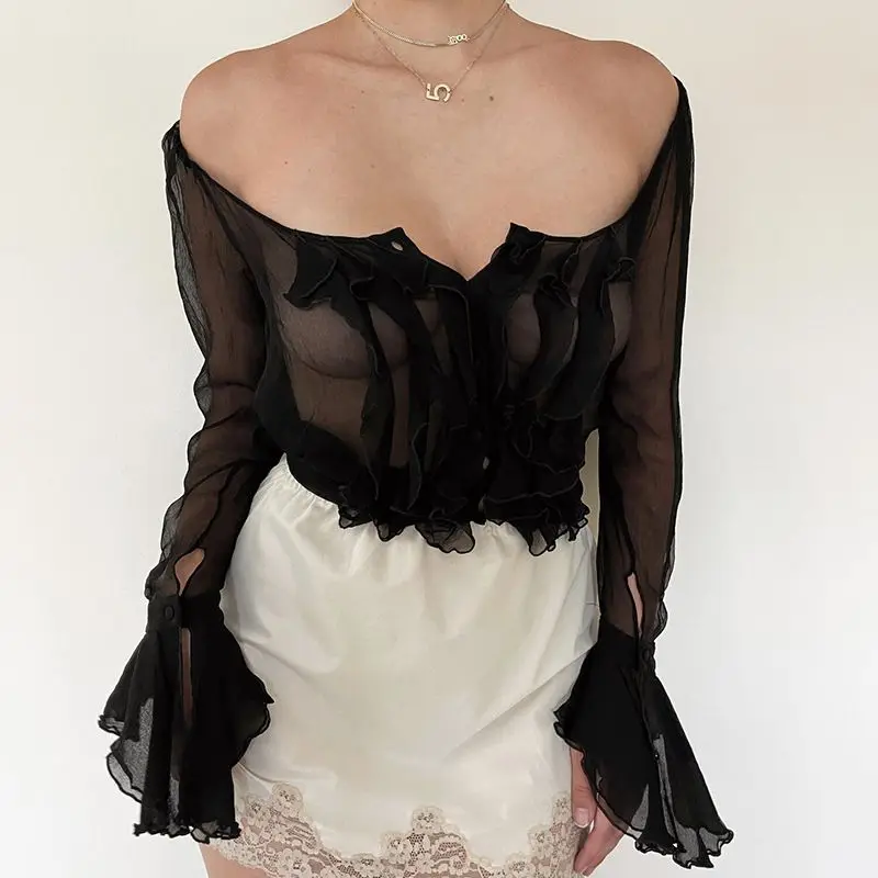 

fall 2021 women clothes sheer Square Collar pleated blouses ladies long sleeve crop top fashionable
