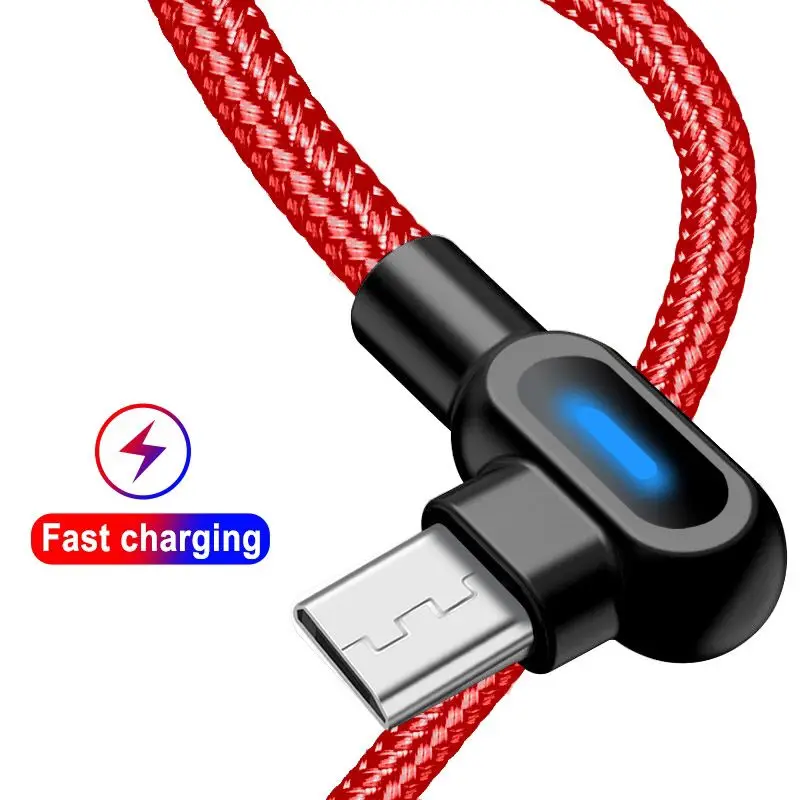 

2A Fast Charging Nylon Braided Data Cable Micro USB Type-C 8Pin Phone Cable 90 Degree Playing Games Cables, Black red