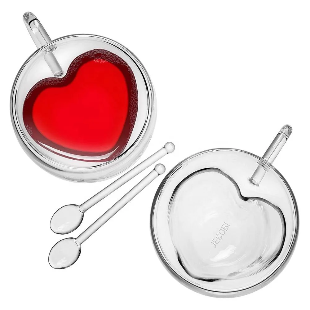 

Glass Tea Cup With Handle Heart Shaped Clear Double Wall Lovers Coffee Afternoon Tea Double Layer Glass Mug, Transparent
