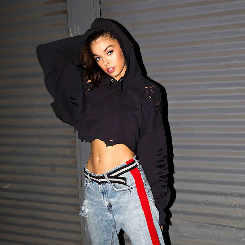 Wholesale streetwear broken hole sweatshirts women long sleeve crop top wear hoodies