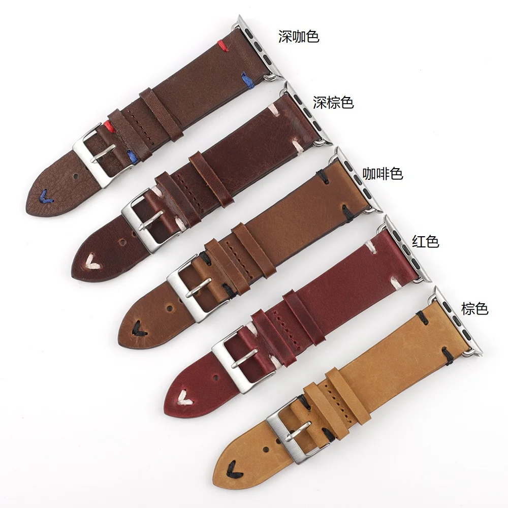 

Oil Wax Leather Making Watch Straps Fit for Apple Watches 1/2/3/4/5/SE in Stock with Cheap Price Sale, Coffee red brown dark brown deep coffee