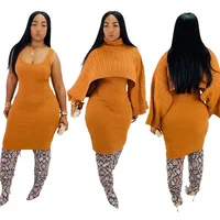 

Latest Design Style knitted sweater women Mini Dress Outfit outwear Two Piece Sets shawl Clothes