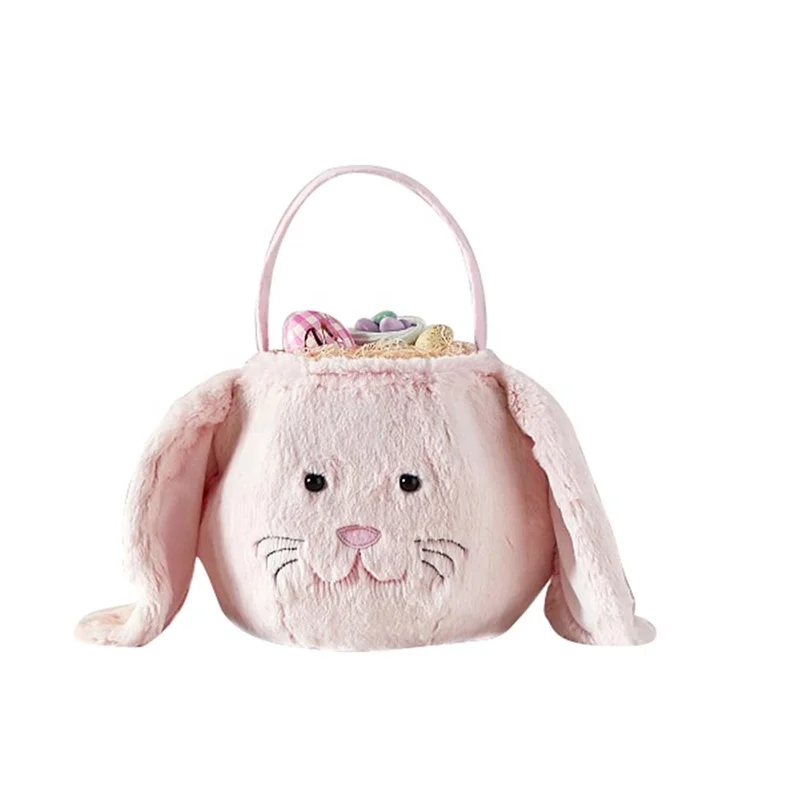 

Easter Basket Wholesale Spring Cartoon Kids Girls Boys Bunny Candy Round Cute Gift Easter Softy Fuzzy Rabbit Bucket, As pics show