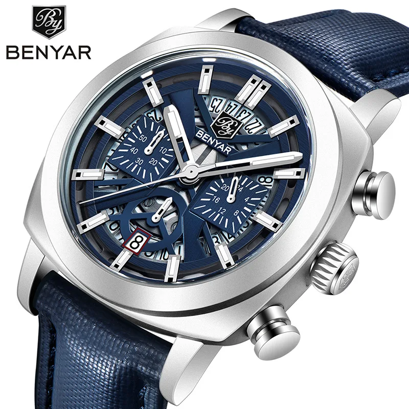 BENYAR New 5205 Quartz Watches Men Luxury Chronograph Male Sport Watch for Men Waterproof Leather Strap Bracelet Relojes Hombre