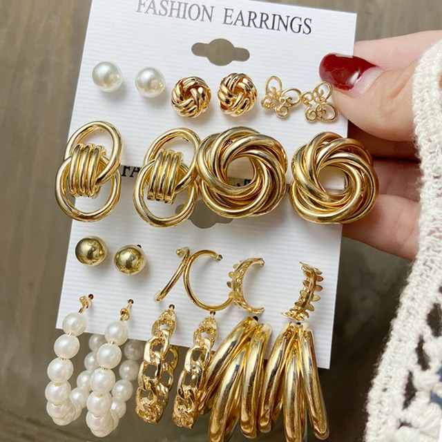 

Women's Earrings Set 2021 multi-style pearl earrings New Fashion Jewelry, 6 Pairs/Set Gold alloy dangle earrings for woman, Gold color