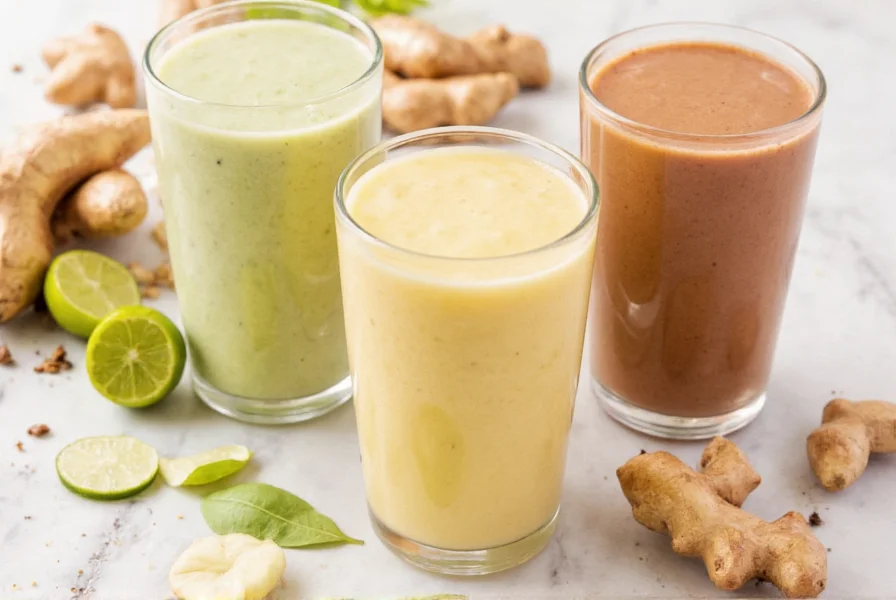 Three different ginger smoothie variations in glass jars with fresh ingredients arranged around them