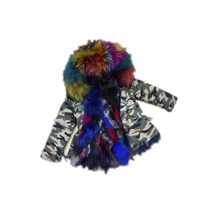 

Boy's Colorful Fox Fur Inner Coat Pretty England Style Thickened Winter Short Camouflage Parka With Hoodies, Picture