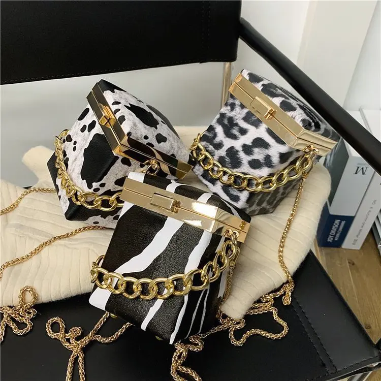 

2021 New style Leopard box bag for ladies mini handbags tote purse small square bags sling fashion chain women wholesale handbag, 3 color