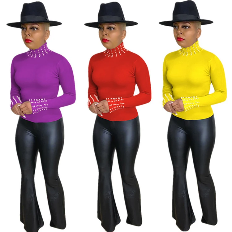 Good Price Turtleneck Womens Winter Clothing Fashion Elegant Beading Long Sleeve T Shirt Women Sweatshirt Tops