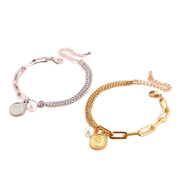 

New Fashion Satinless Steel Jewelry Bracelet Portrait Pendant Charm irregular Tow Chain Bracelet Women Men