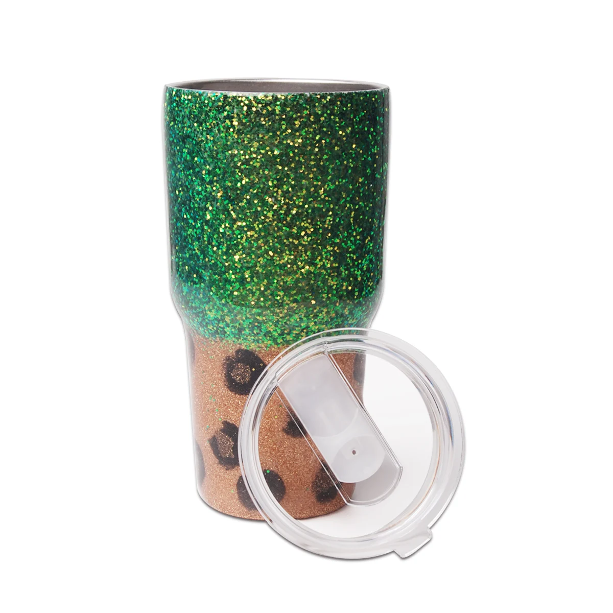 

Handmade 30oz Epoxy Glitter Crystal Gradient leopard green Printed Cups DOM1001172 Double Wall Vacuum Tumbler