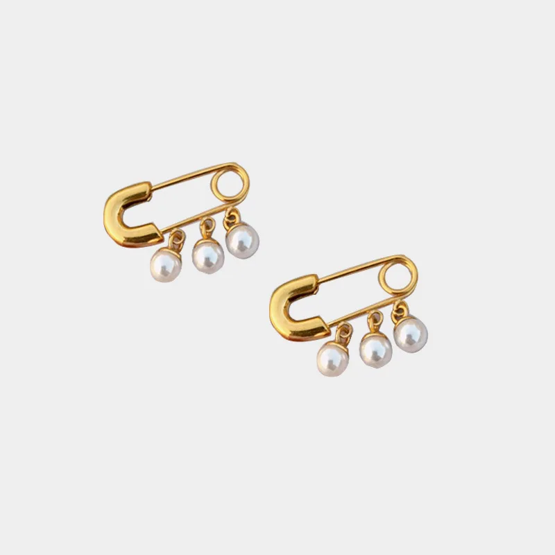 

Fashion 2021 Jewelry Stainless Steel Freshwater Pearl Safety Pin Irregular Earrings