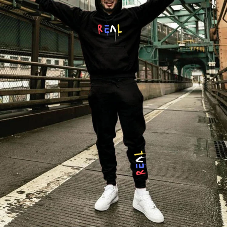 

Real Letter Print Loose Athletic Wear For Men 2 Piece Track Pants Sets Hoodie Outfits Winter Fashion 2021 -PT, Black,white,gray,wine red
