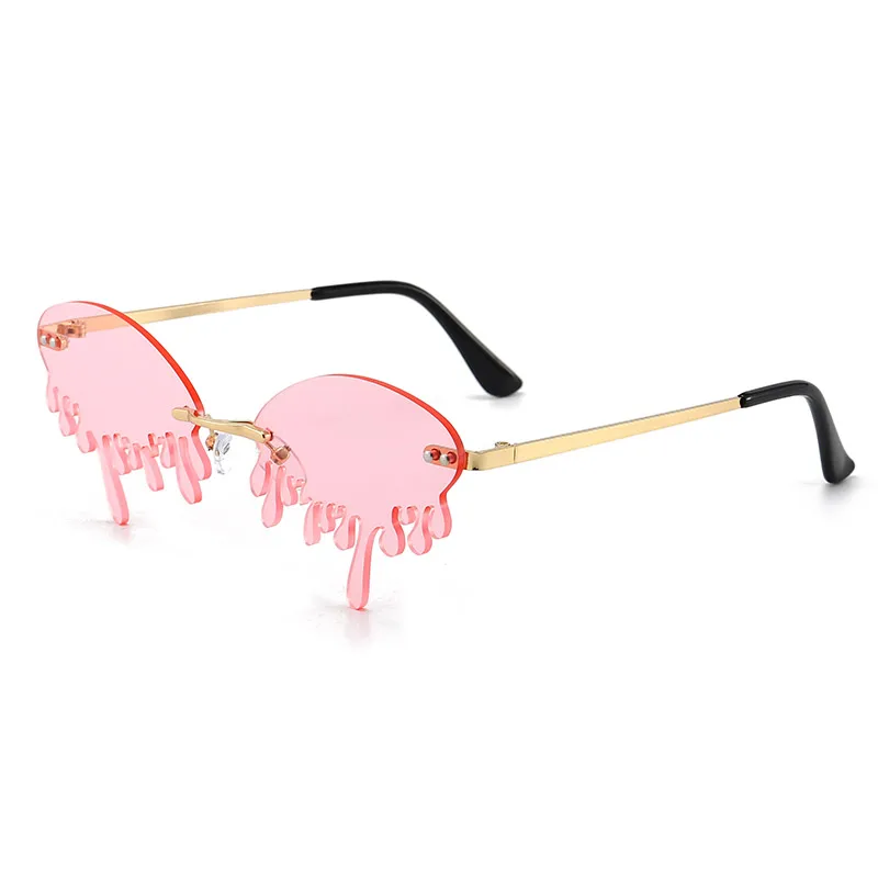

OUSEN 2021 wholesale trendy special teardrop lens women rimless metal party sunglasses