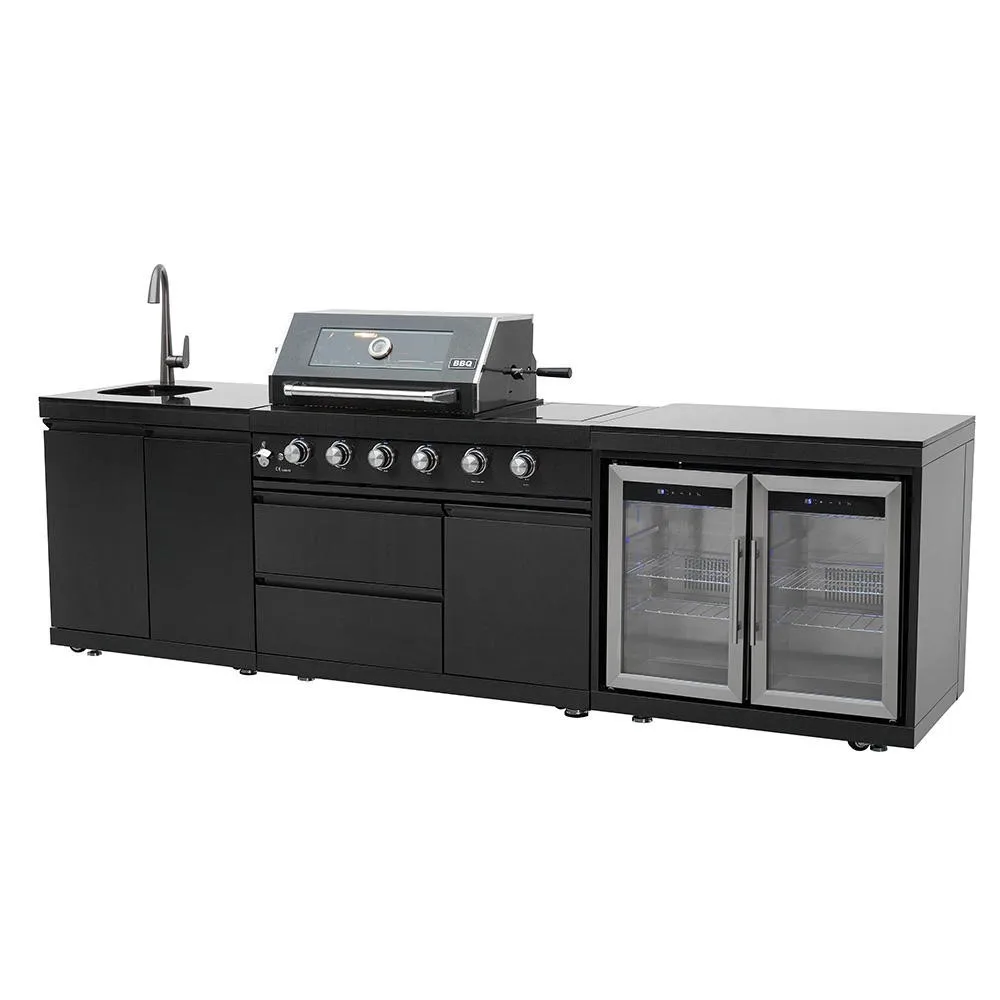Matte black outdoor kitchen cabinet with built-in gas grill, six-knob control panel, sink and double glass door bottle cooler - LUOQI