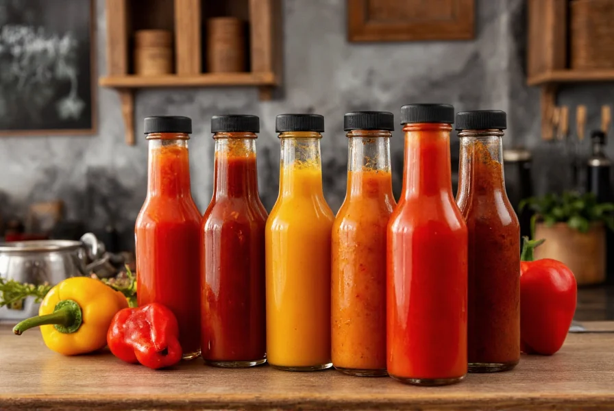 Various pepper sauce bottles arranged on wooden table showing different colors and consistencies