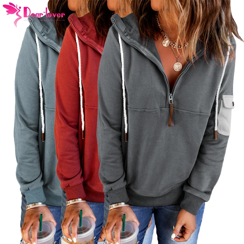 

2021 New Trend Half Zip Colorblock Sweatshirt Pocket Patchwork Long Sleeve Women Hoodie, Custom hoodies