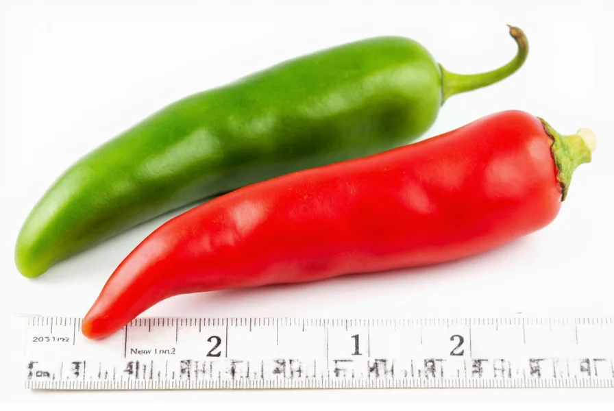 Close-up comparison of fresh green and red Fresno chilies next to a ruler showing their 2-3 inch length
