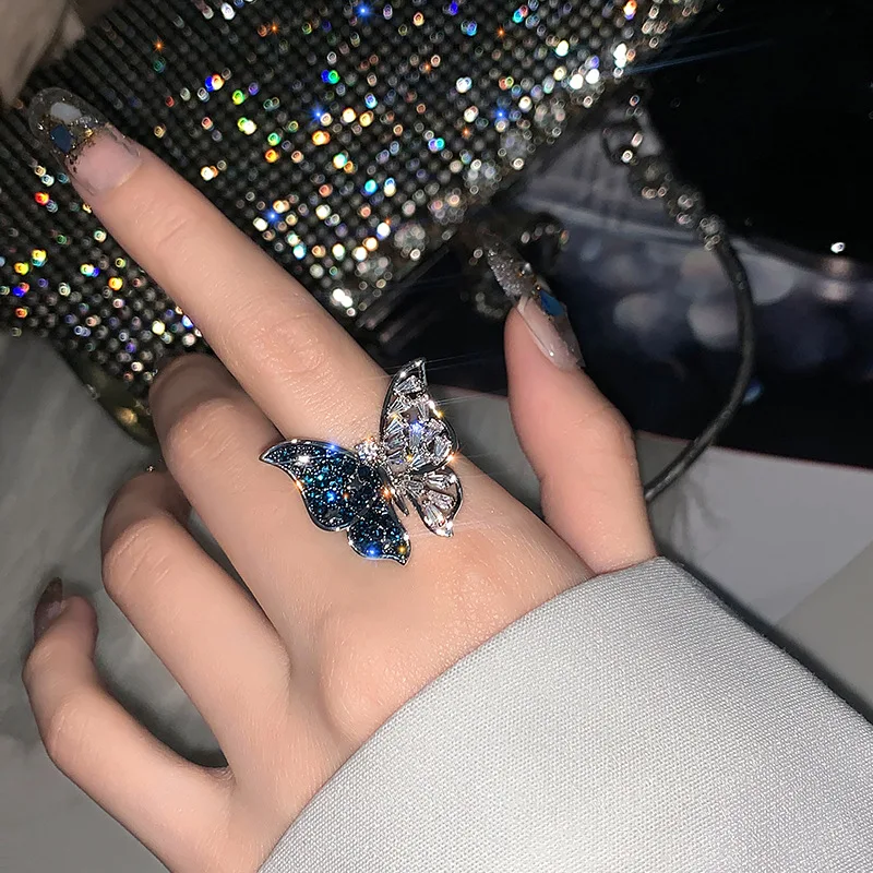 

2023 Spring New Design Butterfly Adjustable Finger Rings Micro CZ Crystal Stainless Steel Butterfly Rings For Ladies