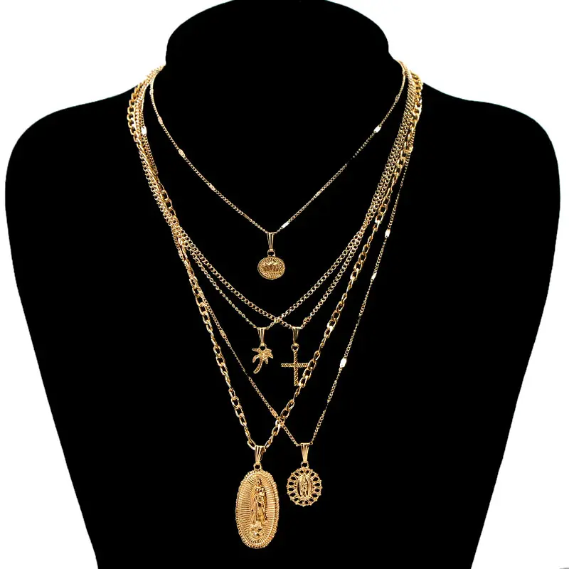 

Superior Bohemian Custom Charm Jewelry Trendy Gold Multi Layer Chain Coin Cross Pendant Necklace