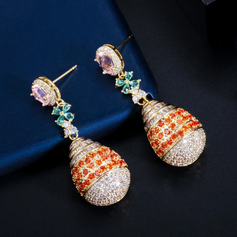 Gorgeous Luxury Light Red Cubic Zirconia Stone Round Dangle Drop Long Leaf Earrings for Wedding Bridal Jewelry Party Accessory