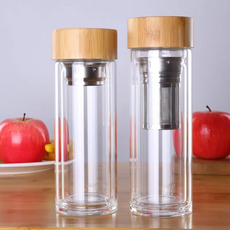 

Hot Sale Portable Glass Tumbler Double Wall Insulated Bamboo Water Bottle with Neoprene Sleeve and Bamboo Lid