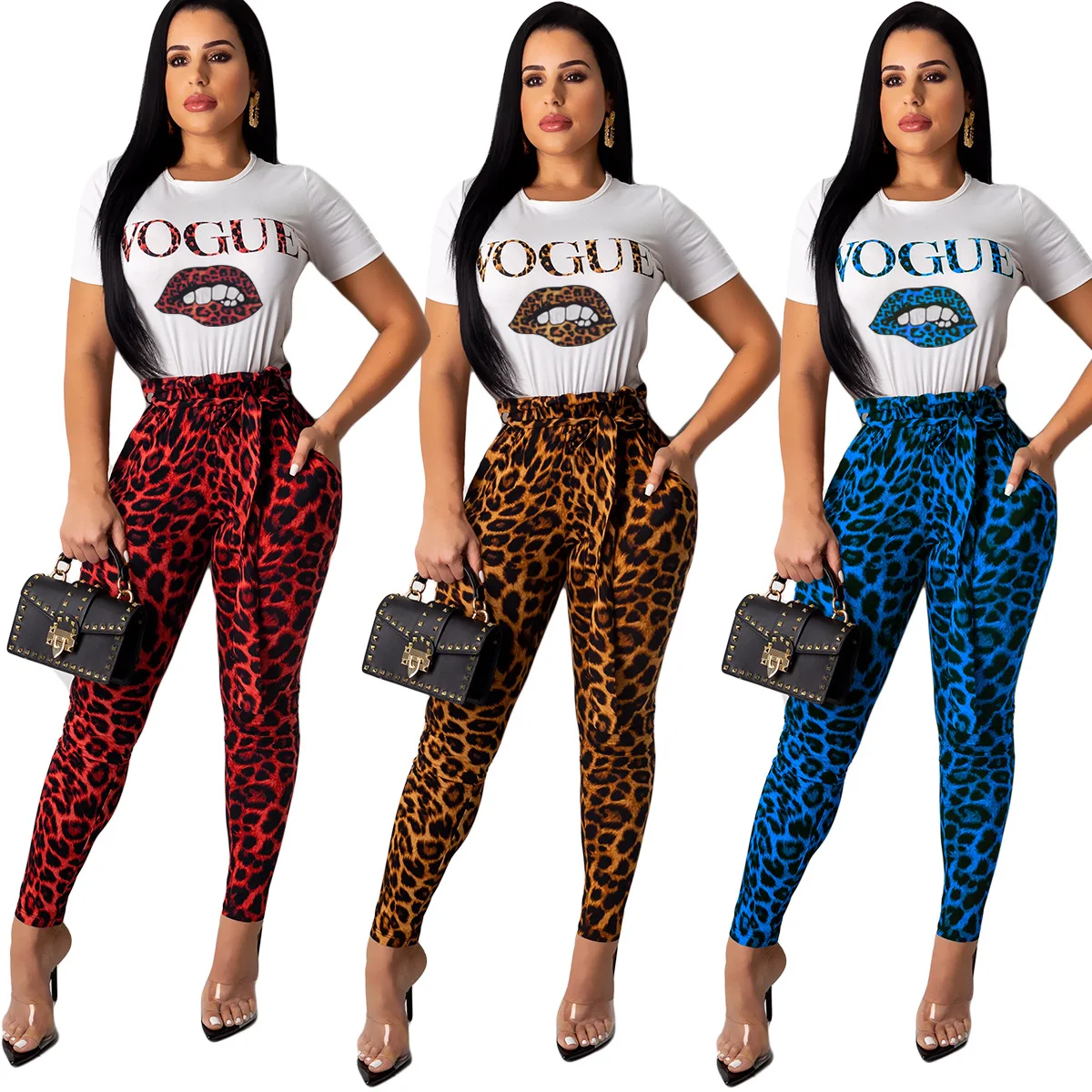 

ORYY5079 lip print t-shirt leopard printed trousers women blouse sweatpants women two piece pants set, Blue,brown,rose red