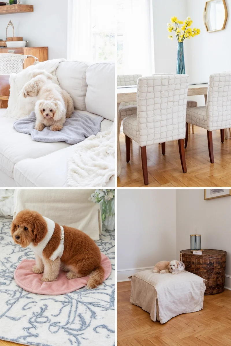 Side-by-side swatches of different pet slipcover fabrics including cotton twill, canvas, olefin, linen blend, and microfiber.