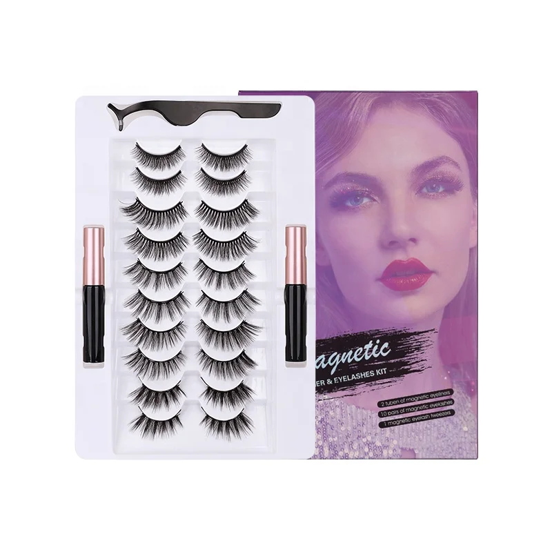 

J New arrivals no glue magnetic eyelashes set 2 magnetic eyeliners and 1 lash curler with 10 pairs package, Natural black