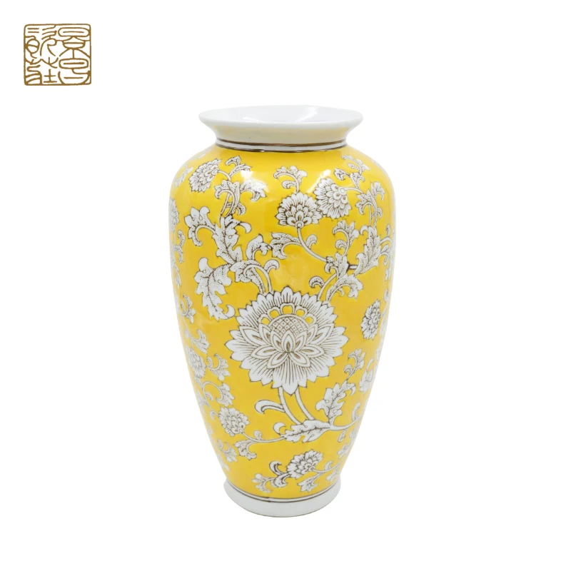 Yellow Porcelain Luxury Chinese Vintage Flower Vase Set Handmade Antique Wholesale Modern