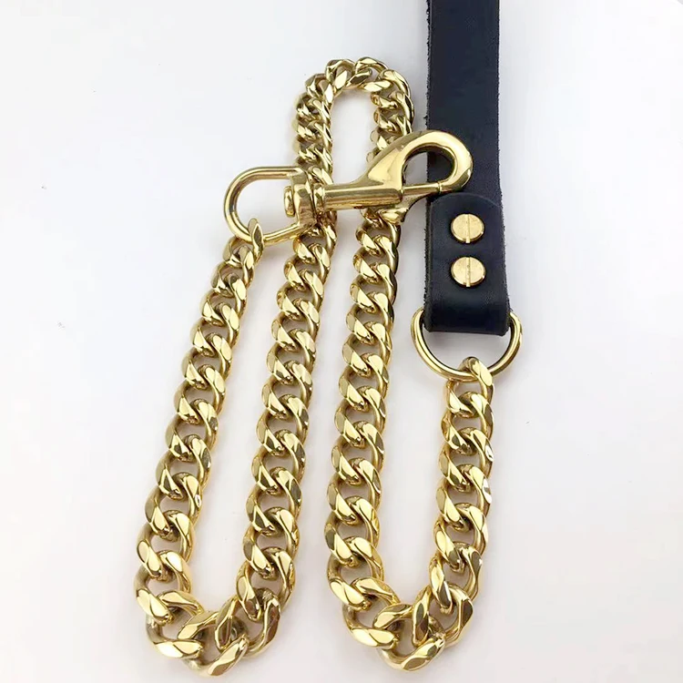 

Custom Luxury Strong Stainless Steel Golden Training Dog Leash Collar Set Cuban Link Chain Leather Handle, Gold/black/rose gold
