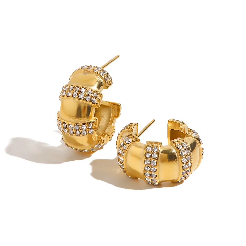 

Fashion Autumn Winter Chunky C Shape Shiny zircon 18K Gold Plated Stainless Steel Hoop Earrings